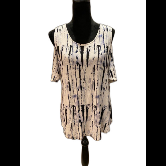 Womens Blouse ? Medium Navy Pattern Top Cold Shoulder + Stretch Short Sleeve - Picture 1 of 9